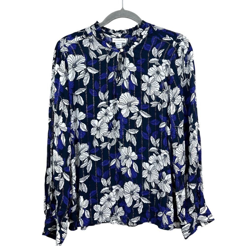 Liz Claiborne Women Blouse Floral Keyhole Collar Purple Silver Threading Sz XXL*
